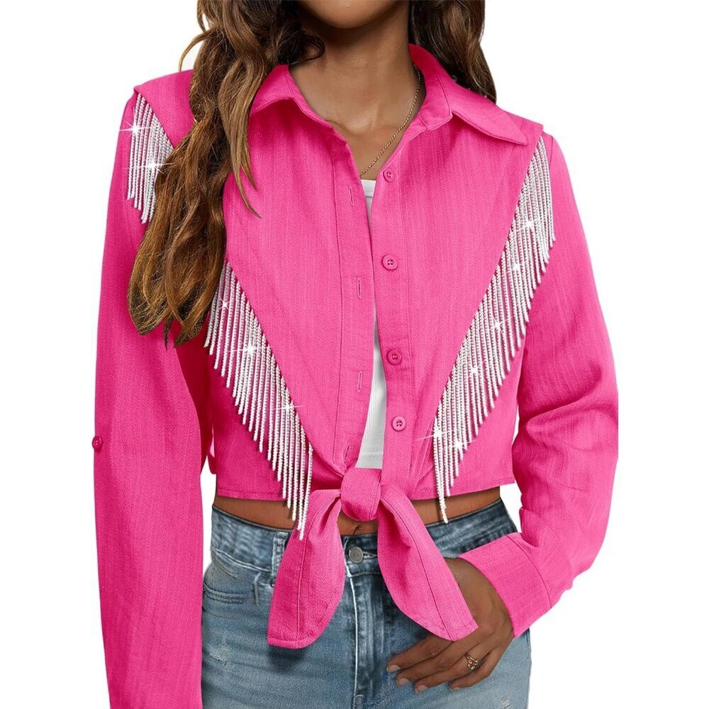 Western Rhinestone Fringe Top Women's Cropped Button Down Shirt Cowgirl Rodeo